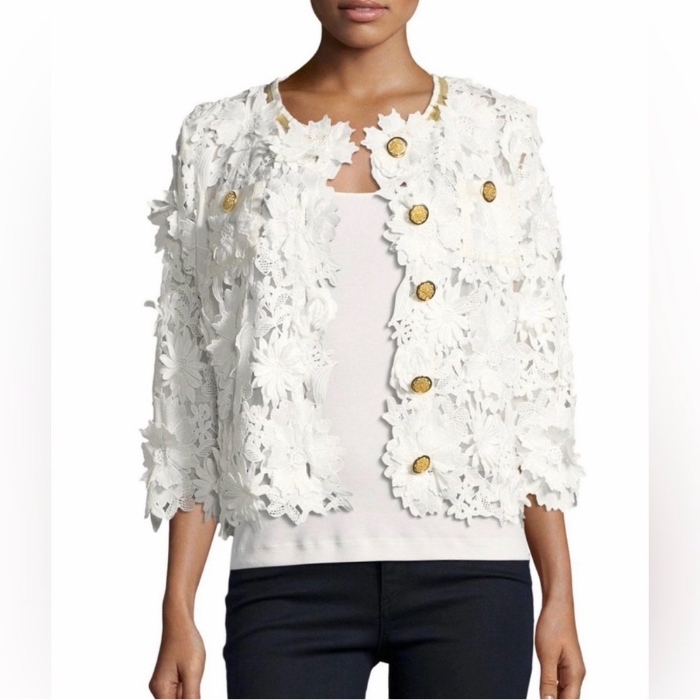 Michael Simon Floral Crochet Jacket White Gold Trim/Buttons Size Medium - Picture 7 of 8